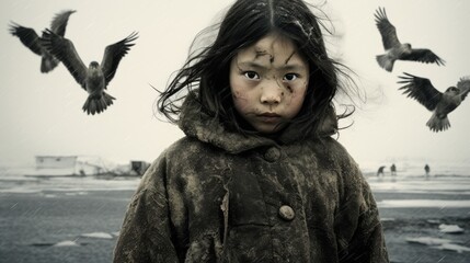 Stark portrait of indigenous Eskimo girl in sepia tones. Winter Inuit child in stark landscape with fur coat. Black and white photo of Native American on icy shore. - obrazy, fototapety, plakaty