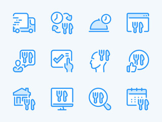 Delivery Food Service and Online Order vector line icons. Takeaway, Ordering Groceries and Meal Delivery outline icon set.
