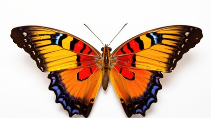  a close up of a butterfly with orange and blue markings on it's wings, on a white background.