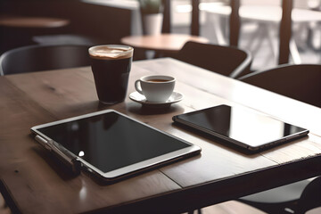 Tablet and smartphone with cup of coffee on wooden table in cafe