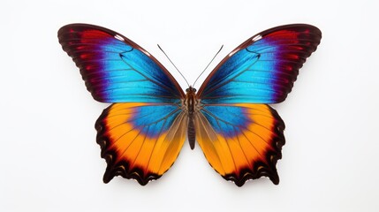 Obraz premium a blue, yellow, and red butterfly on a white background with a shadow of the back of the butterfly.