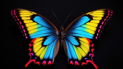  a close up of a colorful butterfly on a black background with a black back ground and a red, yellow, and blue wing.