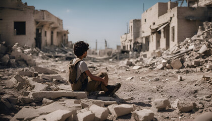 Fototapeta na wymiar A young boy with a backpack sits on the ruins of an abandoned building