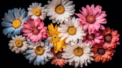 Colorful daisies on a black background, close-up. Springtime  concept with a space for a text. Valentine day concept with a copy space.