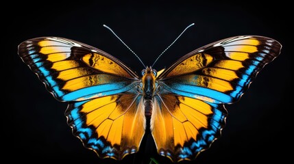 a yellow and blue butterfly sitting on top of a piece of green grass in front of a black back...