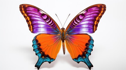Obraz premium a close up of a colorful butterfly on a white background with only one wing missing from the top of the butterfly.