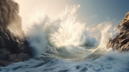 Dramatic crashing wave against rugged rocky shoreline. Ocean storm cresting surf. Relentless power of the sea at sunset. 