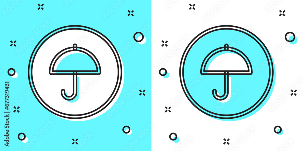 Poster black line delivery package with umbrella symbol icon isolated on green and white background. parcel
