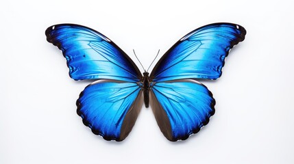  a blue butterfly that is sitting on a white surface with its wings spread out and it's head turned to the side.