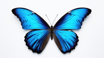  a blue butterfly sitting on top of a white surface with its wings spread out and facing the side of the frame.