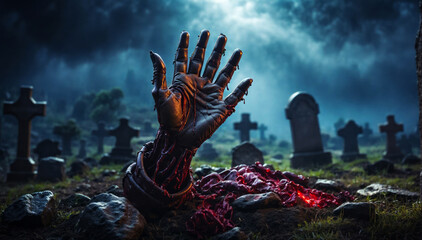A zombie emerges from his grave. - obrazy, fototapety, plakaty