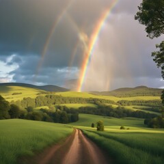 Surreal rainbow over green countryside. Dirt road leading into horizon.