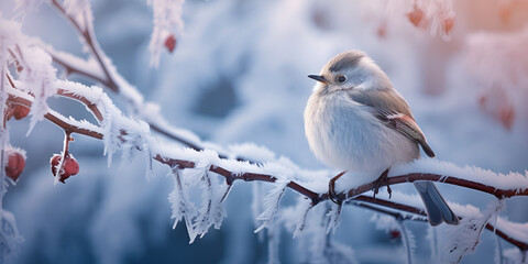 Beautiful Snow Sparrow bird on a branch on cold winter day, The Sermon of a Bird on a Snowy Branch. bird sits on a branch covered in snow.  Generative AI