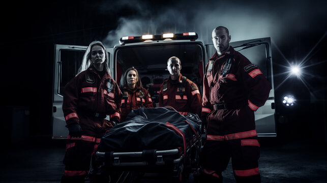 Ambulance with paramedics and stretcher during a night-time operation
