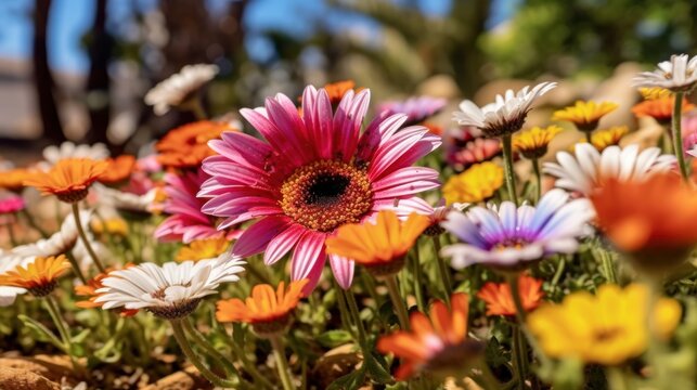 Colorful daisy flowers in a garden on a sunny day. Springtime  concept with a space for a text. Valentine day concept with a copy space.