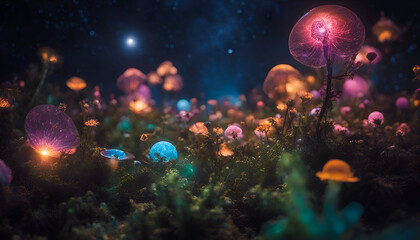 Obraz na płótnie Canvas Mushrooms growing in the moss. 3D Rendering.