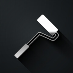 Silver Paint roller brush icon isolated on black background. Long shadow style. Vector