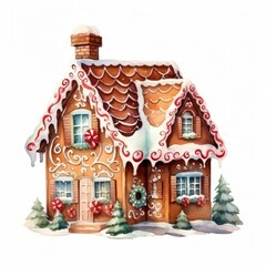 Gingerbread House Decoration watercolor isolated on white background 