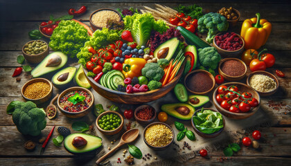 Abundant Vegan Feast with Fresh Vegetables and Grains. Concept vegetarian food.