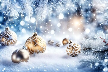 Fototapeta na wymiar Art Bright Christmas; Holidays background with Xmas ornament on snow