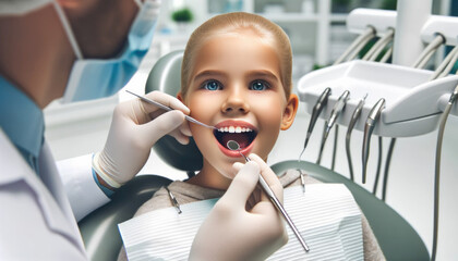 Little girl patient treating her teeth by a dentist in a dental office - obrazy, fototapety, plakaty