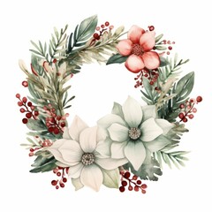 Rustic Christmas Wreath watercolor isolated on white background 