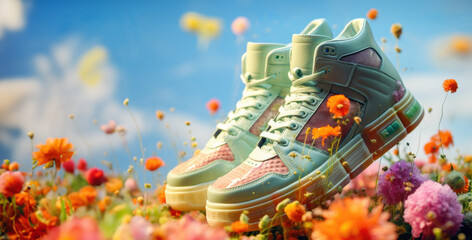 Fashion Sportive Concept of Whimsical Sneakers in Floral Cloudscape