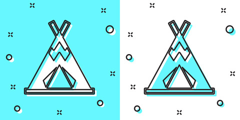 Black line Traditional indian teepee or wigwam icon isolated on green and white background. Indian tent. Random dynamic shapes. Vector © Kostiantyn