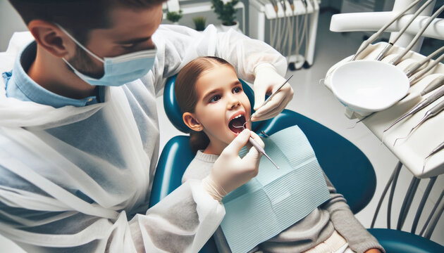 Little girl patient treating her teeth by a dentist in a dental office
