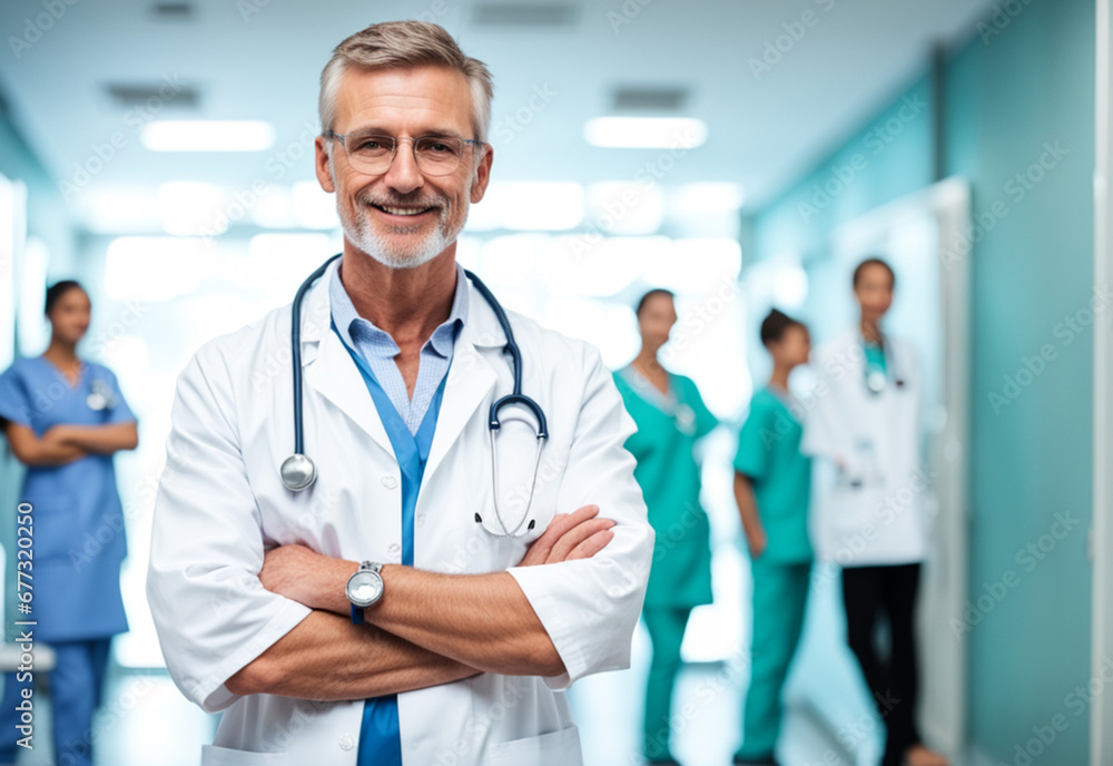 Wall mural A portrait shot of a smiling male doctor standing in hospital background. Generative AI