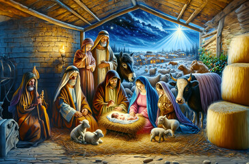 Oil painting representing the holy family. Nativity scene in Bethlehem. Christmas scene illustration showing holy family with Joseph Mary baby Jesus - shepherds ox donkey and sheep - obrazy, fototapety, plakaty