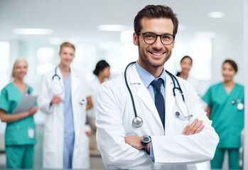 Fototapeta premium A portrait shot of a smiling male doctor standing in hospital background. Generative AI