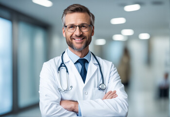 A portrait shot of a smiling male doctor standing in hospital background. Generative AI