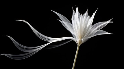  a white flower on a black background with long, thin, thin, white petals in the center of the flower.