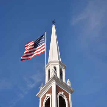Flag of the United States of America on the steeple of a church