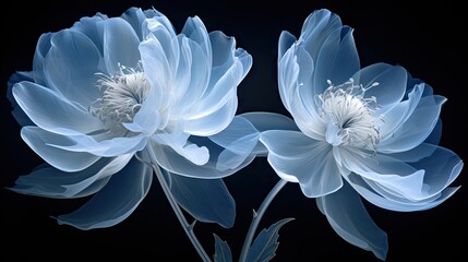  a close up of two blue flowers on a black background with a white center on the center of the flower.