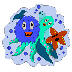 Sticker with starfish, shark, octopus and fish
