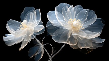  a close up of two flowers on a black background with a white center and a white center on the middle of the flower.