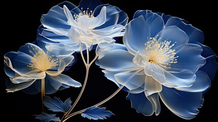  a close up of a flower on a black background with a blue and white flower in the middle of the image.