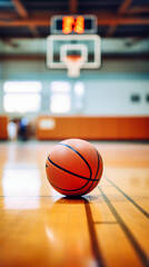 Basketball ball on the floor of a basketball court, sport background
