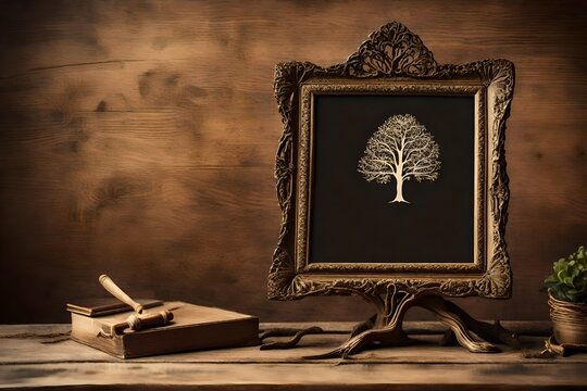 Image of vintage antique classical frame of family tree on wooden table.