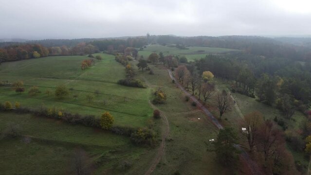 Drone shot of the areas around the Skywalk in Pottenstein
