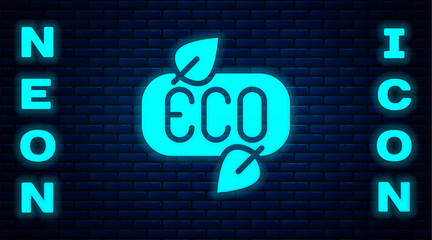 Glowing neon Leaf Eco symbol icon isolated on brick wall background. Banner, label, tag, logo, sticker for eco green. Vector