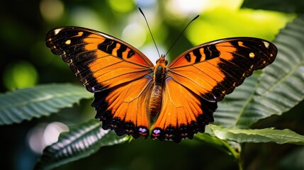  a large orange butterfly sitting on top of a green leafy plant with lots of green leaves in the...