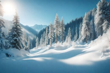 Fototapeta na wymiar Pine trees in mountains and falling snow in fairy tale winter sunny morning. Soft ligth effect.
