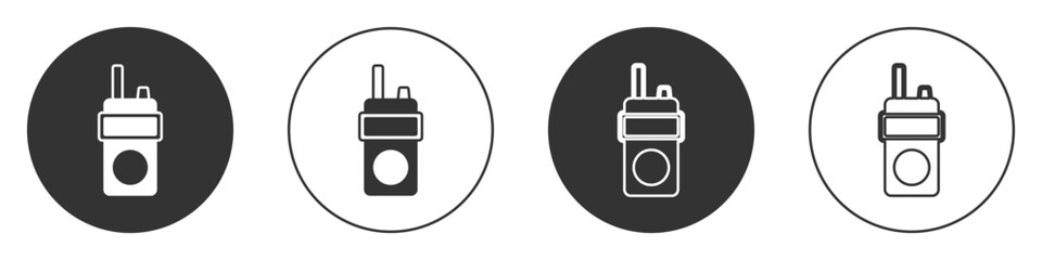 Black Walkie talkie icon isolated on white background. Portable radio transmitter icon. Radio transceiver sign. Circle button. Vector