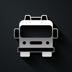 Silver Fire truck icon isolated on black background. Fire engine. Firefighters emergency vehicle. Long shadow style. Vector