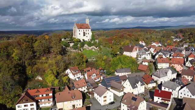 Burg Castle Goessweinstein in the Fraenkische Schweiz Germany by drone