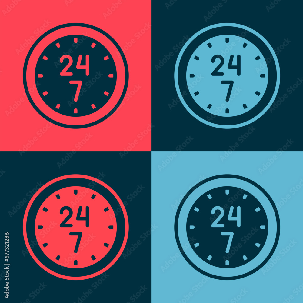 Poster pop art clock 24 hours icon isolated on color background. all day cyclic icon. 24 hours service symb