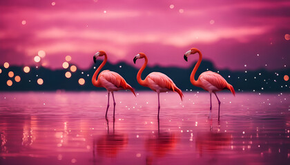 Flamingo birds on the lake at sunset. Pink and purple colors.